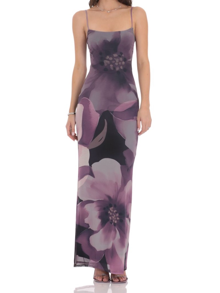 Purple Floral Print Maxi Dress - Medium